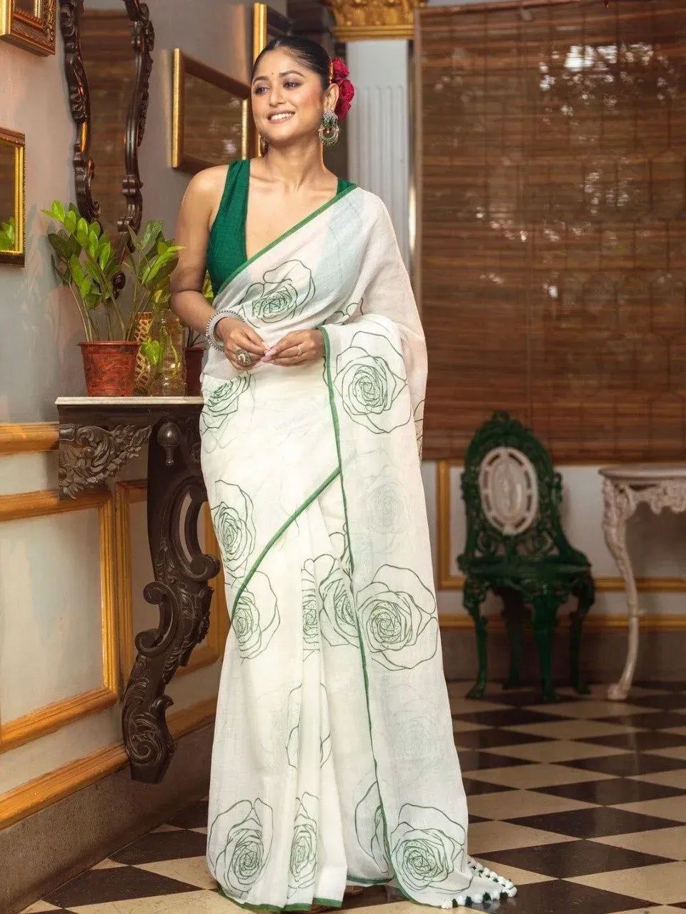 Floral Linen Cotton Digital Printed Saree