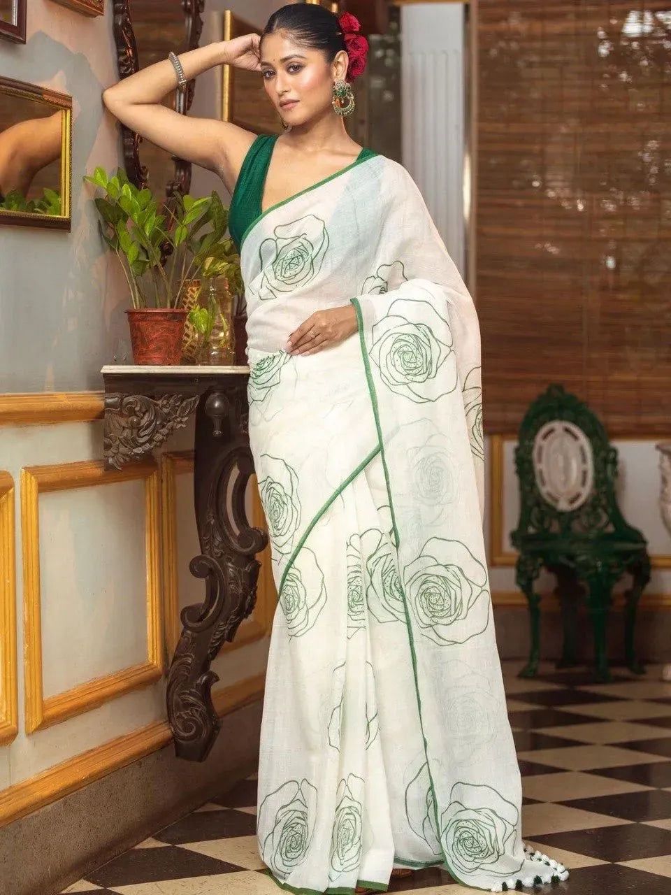 Floral Linen Cotton Digital Printed Saree