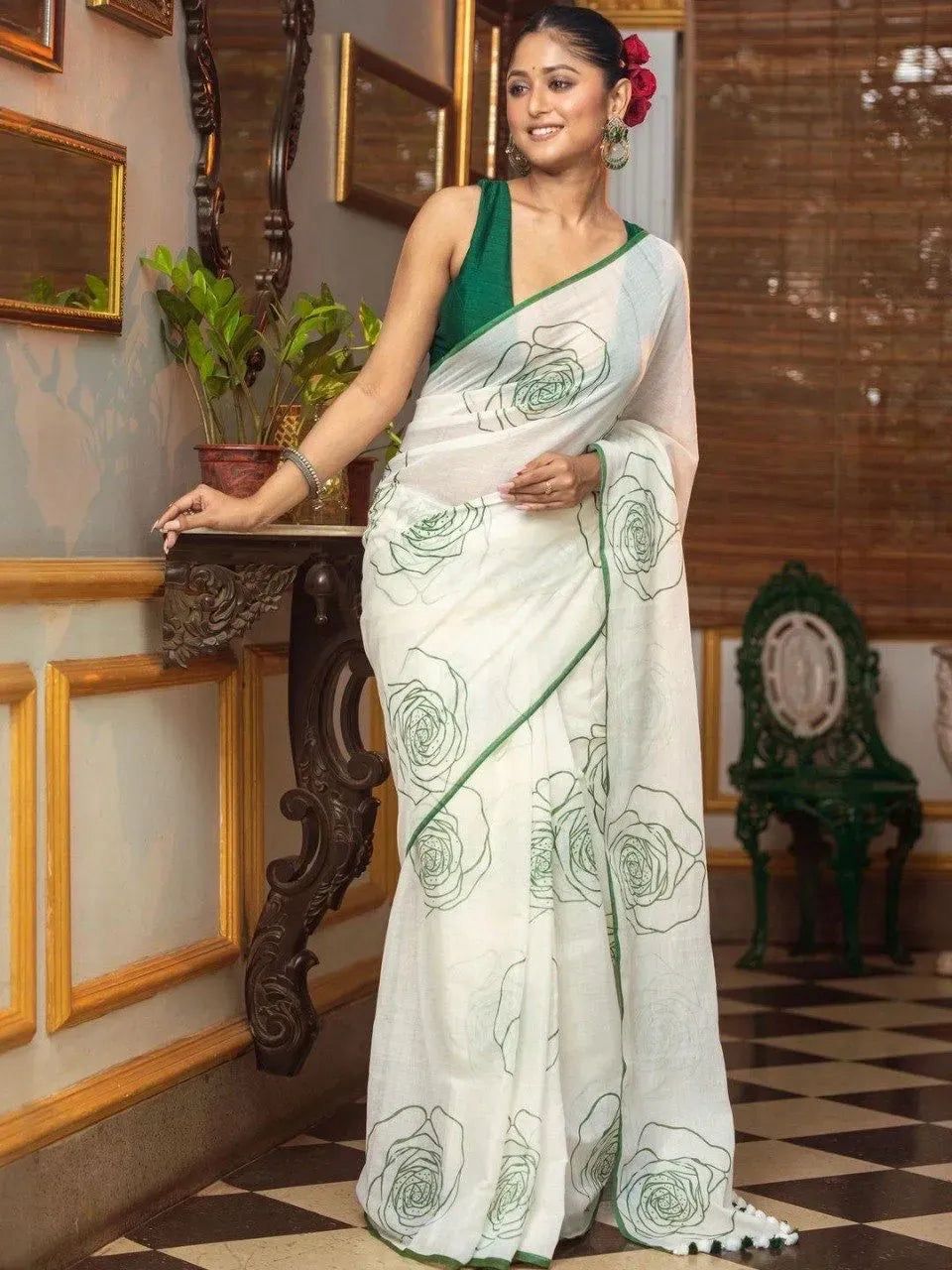 Floral Linen Cotton Digital Printed Saree