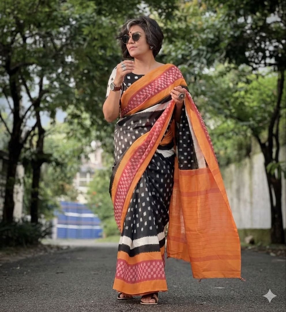 Plus Symbol Linen Cotton Saree with Zahlar Tussle