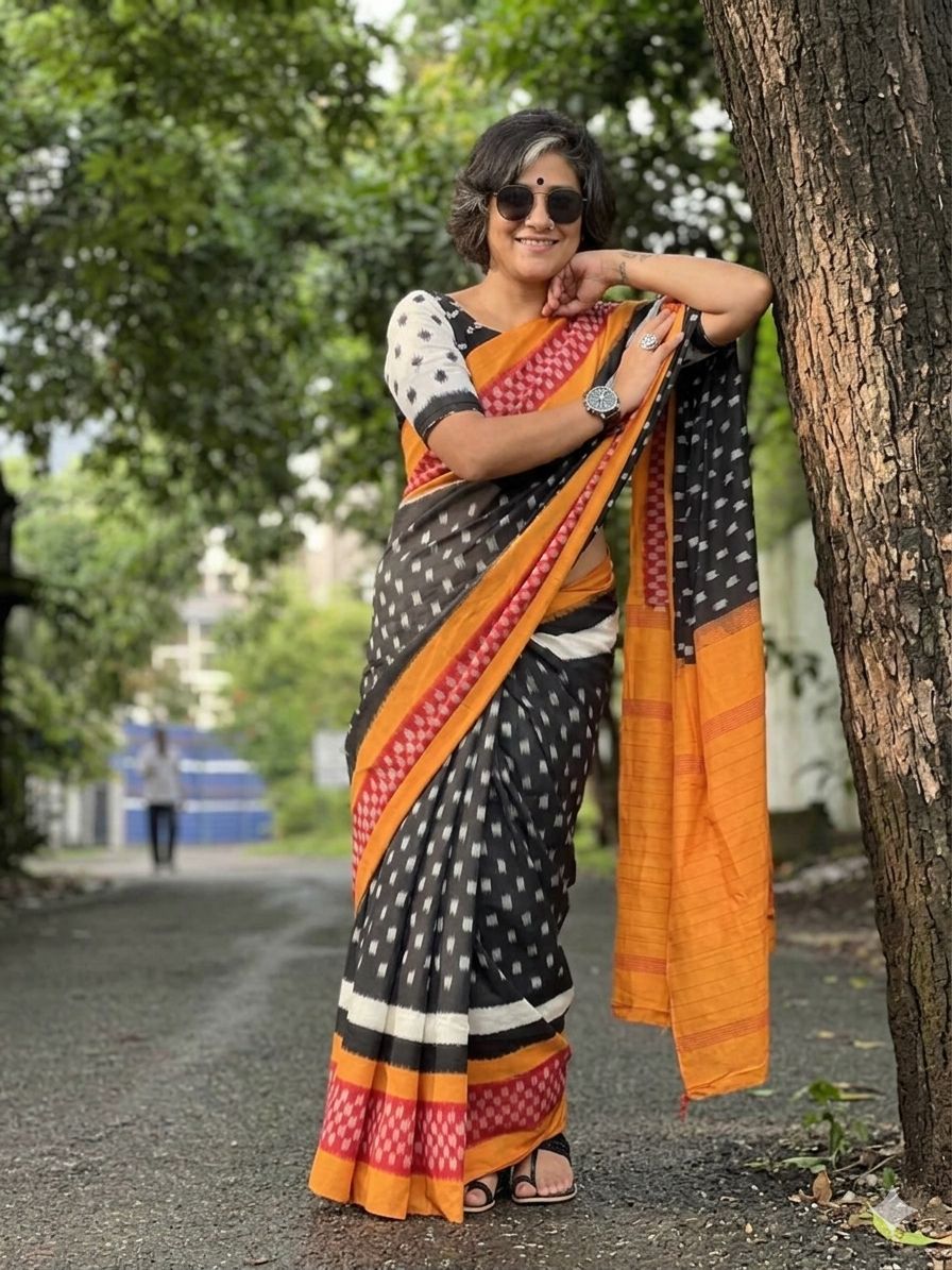 Plus Symbol Linen Cotton Saree with Zahlar Tussle