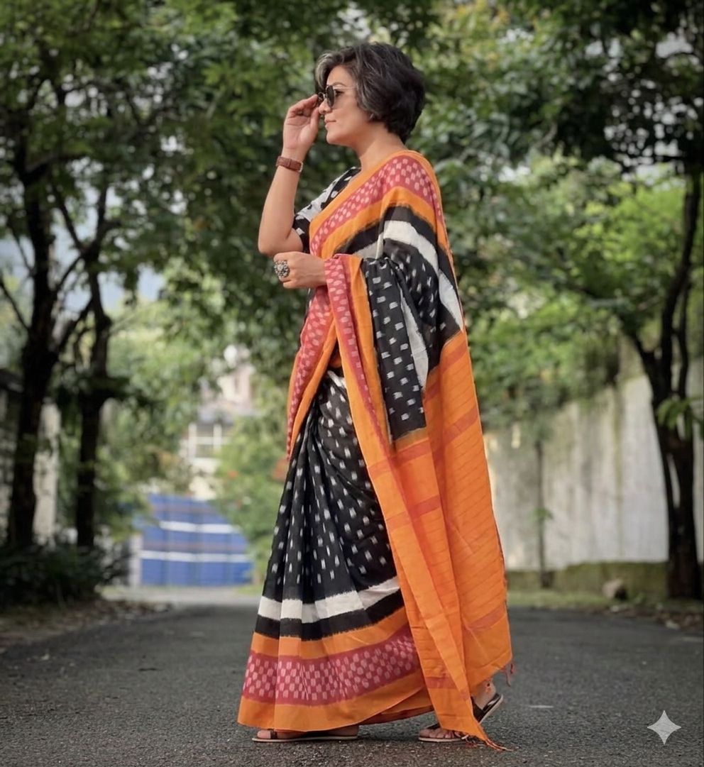 Plus Symbol Linen Cotton Saree with Zahlar Tussle