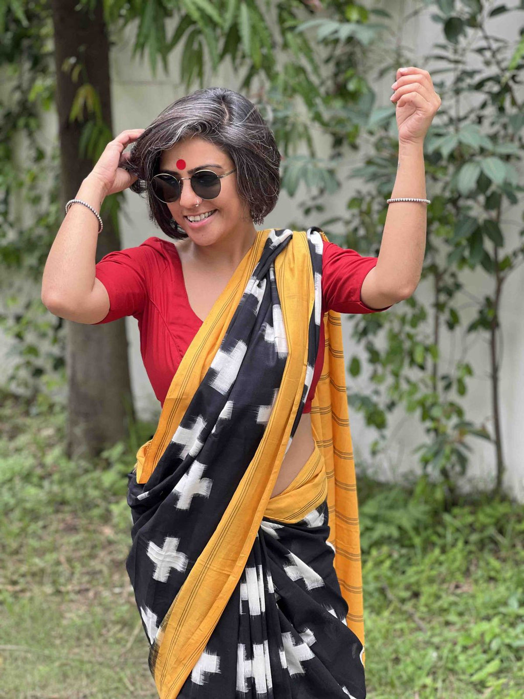 Plus Symbol Linen Cotton Saree with Zahlar Tussle