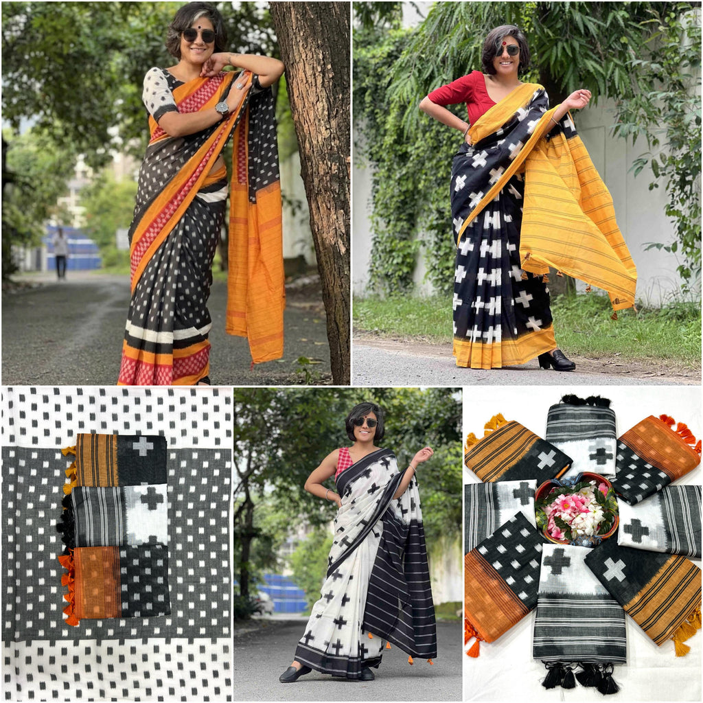 Plus Symbol Linen Cotton Saree with Zahlar Tussle
