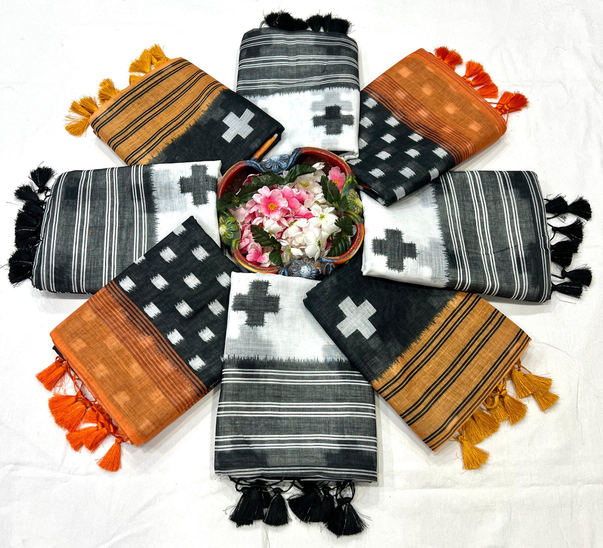 Plus Symbol Linen Cotton Saree with Zahlar Tussle