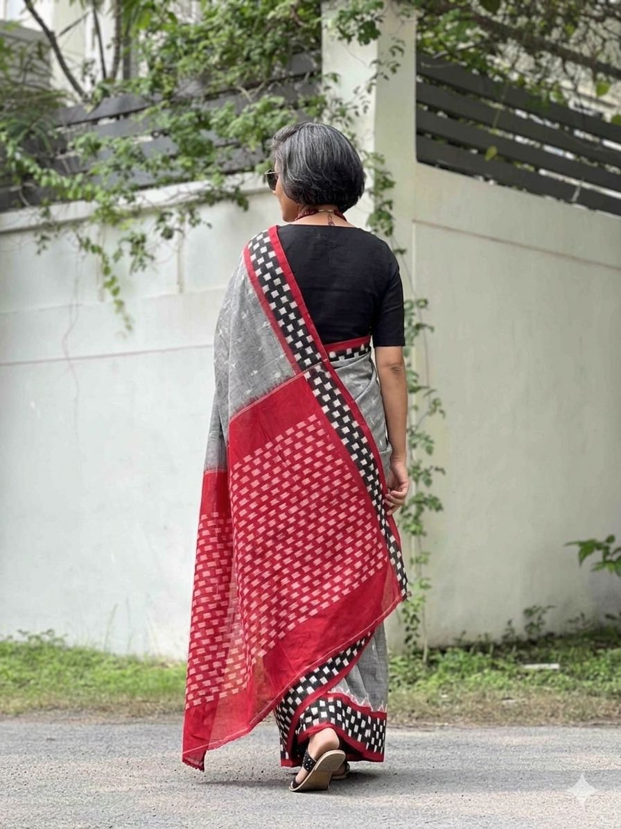 Lucky Leaf Charm Linen Cotton Digital Printed Saree with Elegant Leaf Motifs, Matching Blouse & Zahlar Tussle