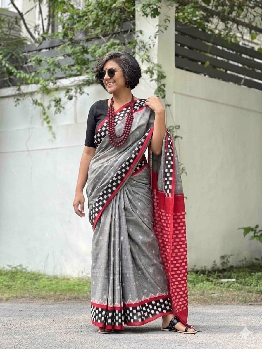 Lucky Leaf Charm Linen Cotton Digital Printed Saree with Elegant Leaf Motifs, Matching Blouse & Zahlar Tussle
