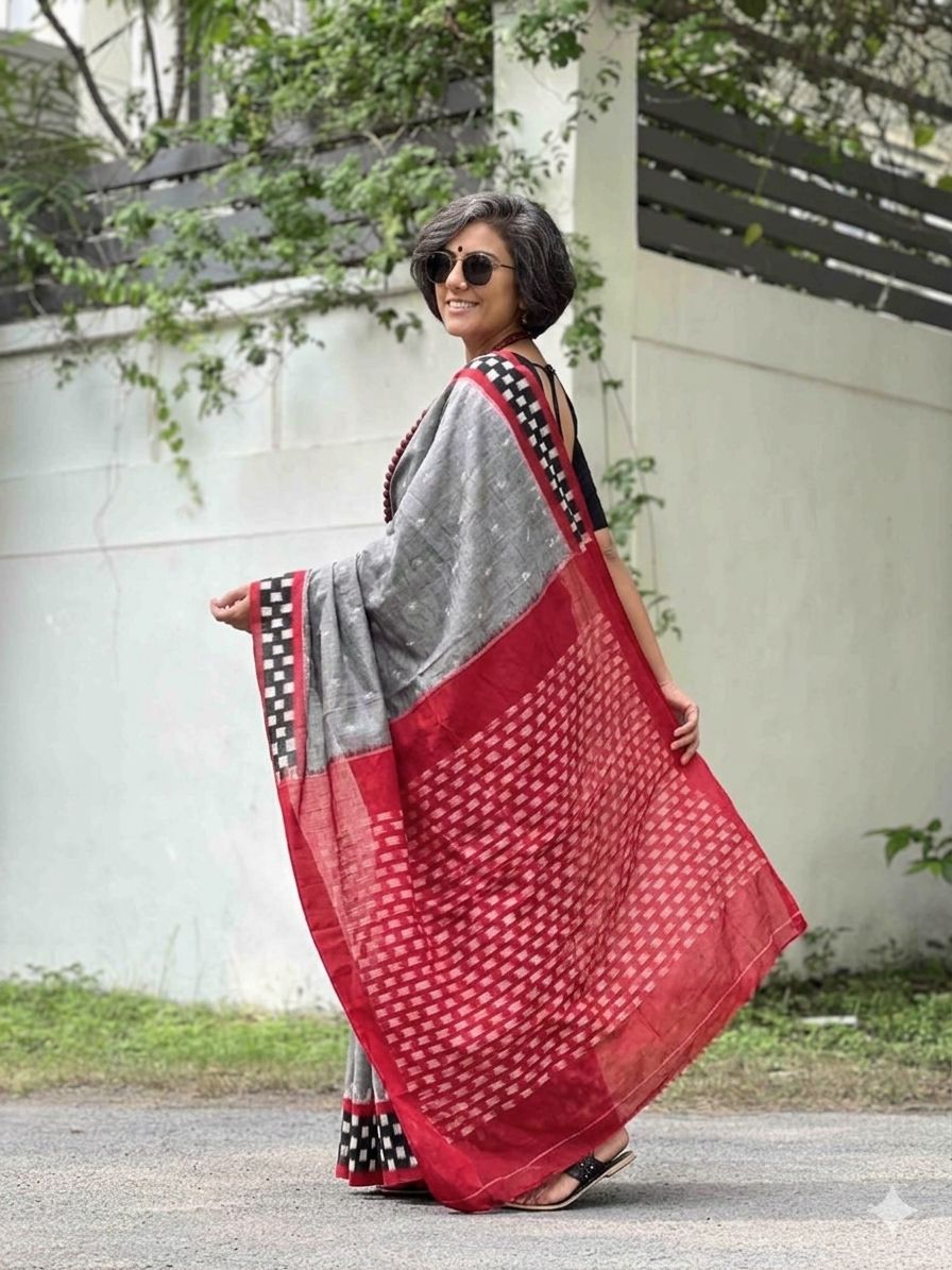 Lucky Leaf Charm Linen Cotton Digital Printed Saree with Elegant Leaf Motifs, Matching Blouse & Zahlar Tussle