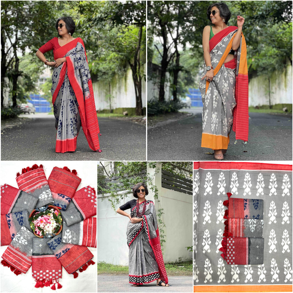 Lucky Leaf Charm Linen Cotton Digital Printed Saree with Elegant Leaf Motifs, Matching Blouse & Zahlar Tussle