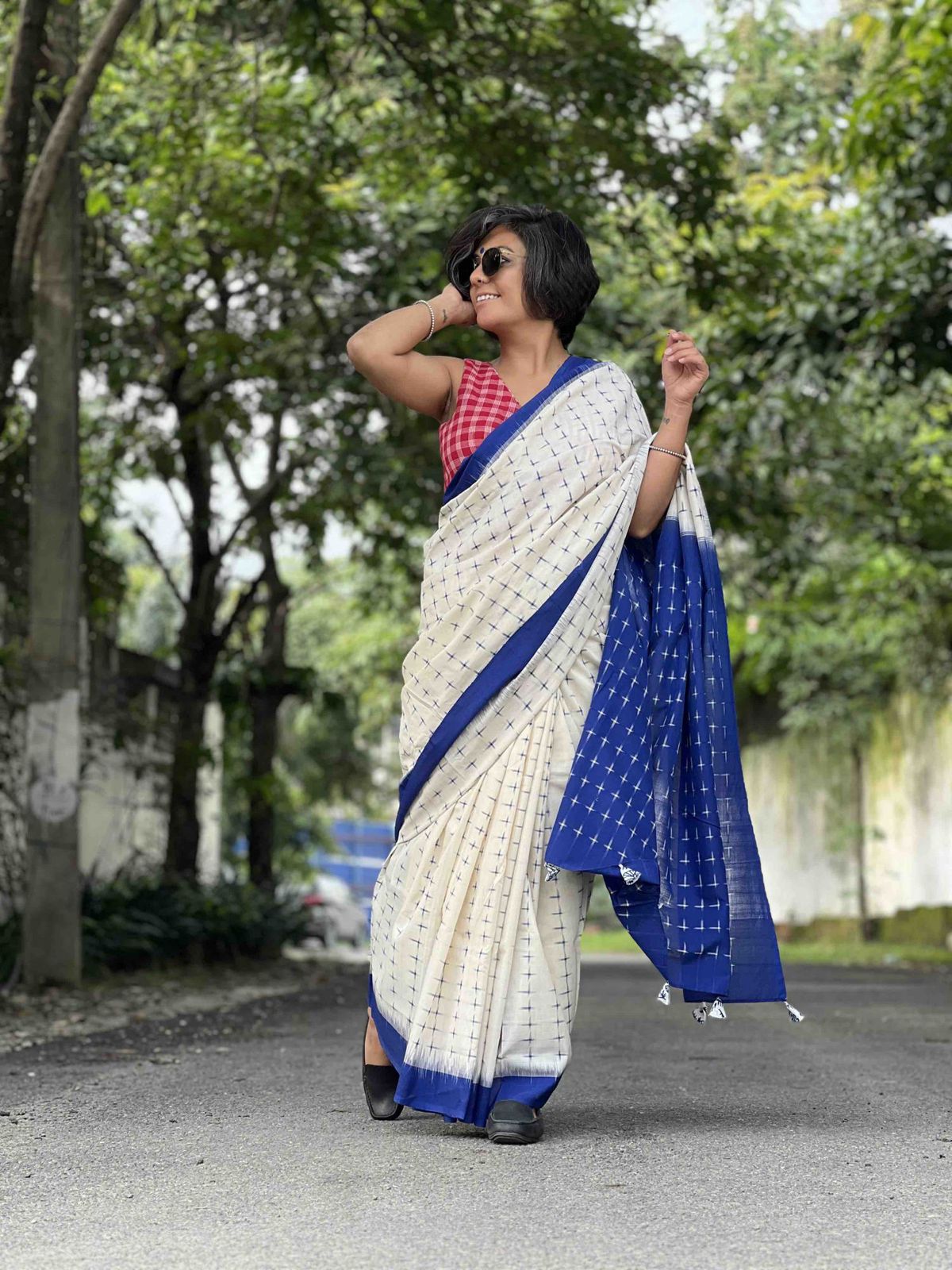 Symbolic Charm Linen Cotton Digital Printed Saree with Plus Symbol Motif, Matching Blouse & Zahlar Tussle