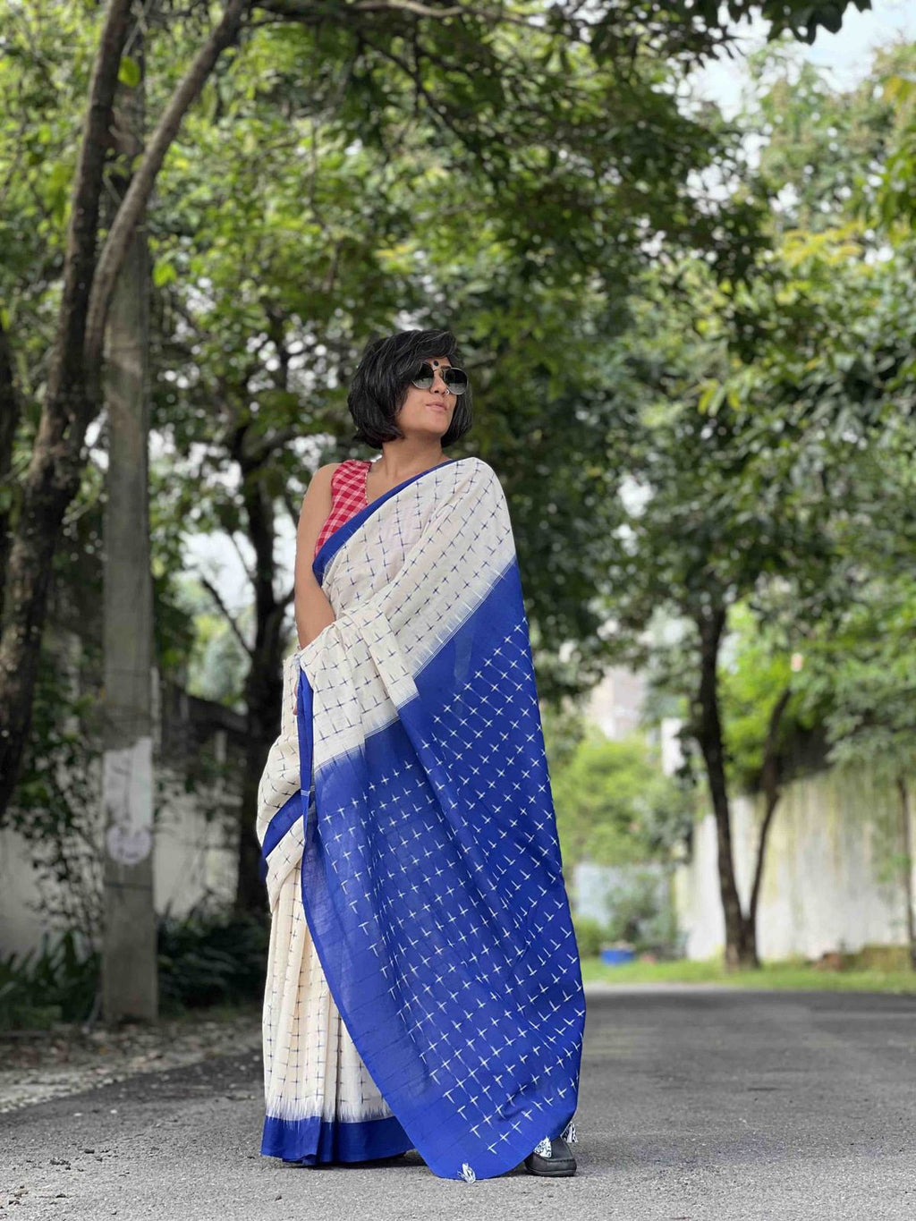 Symbolic Charm Linen Cotton Digital Printed Saree with Plus Symbol Motif, Matching Blouse & Zahlar Tussle