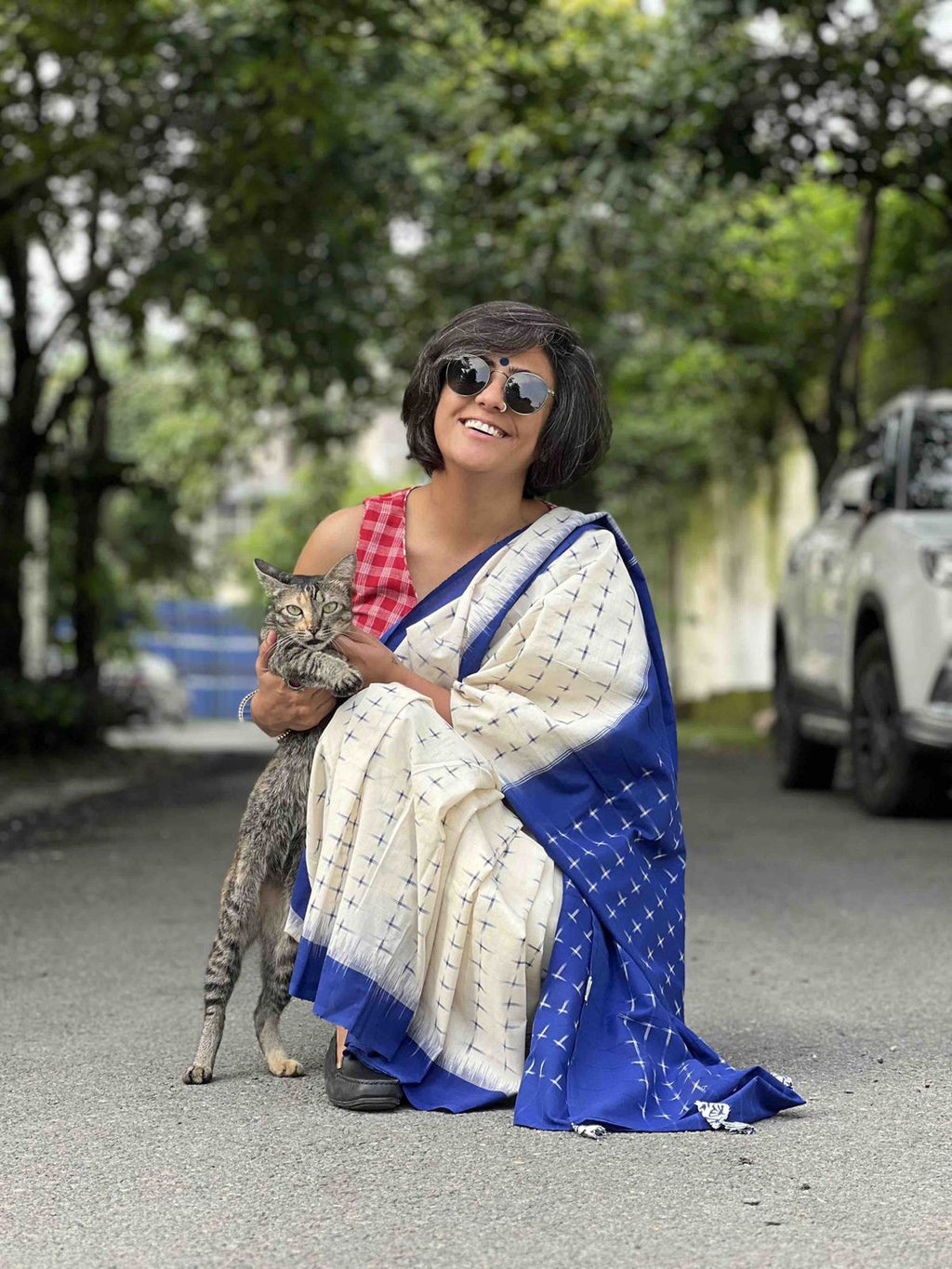 Symbolic Charm Linen Cotton Digital Printed Saree with Plus Symbol Motif, Matching Blouse & Zahlar Tussle