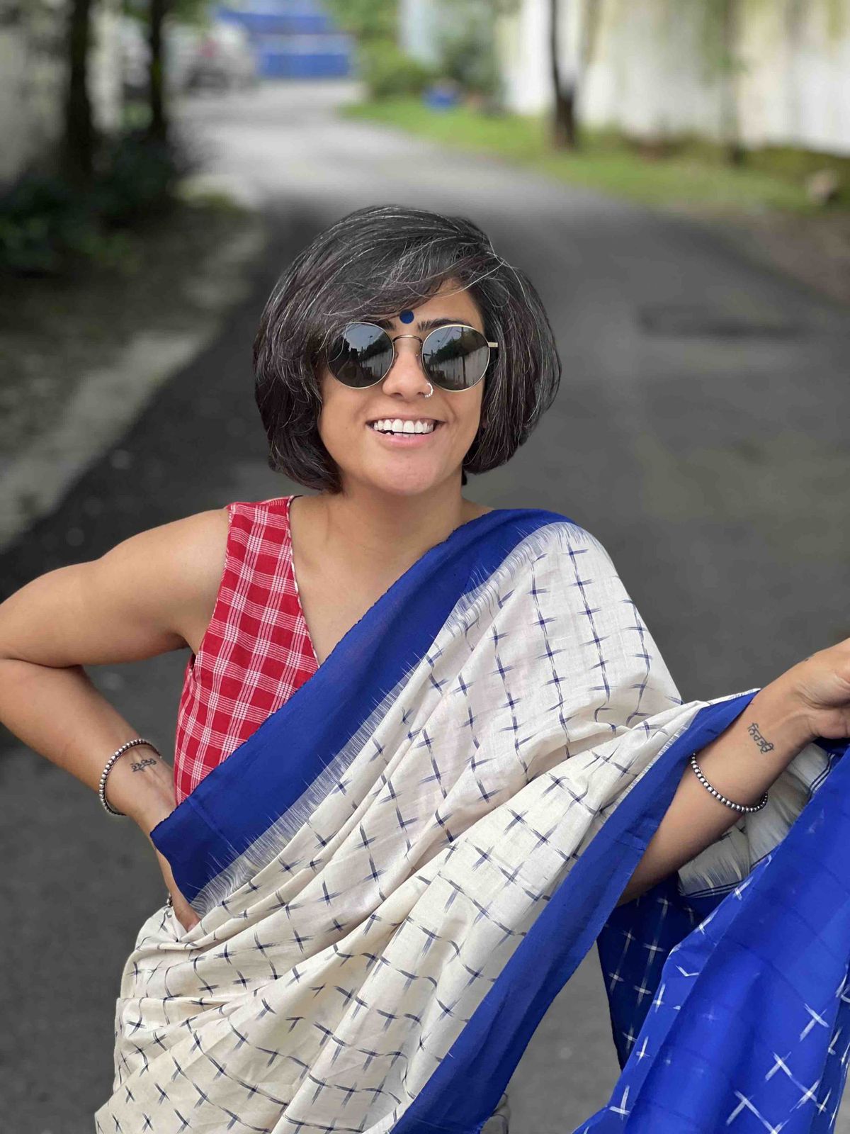 Symbolic Charm Linen Cotton Digital Printed Saree with Plus Symbol Motif, Matching Blouse & Zahlar Tussle