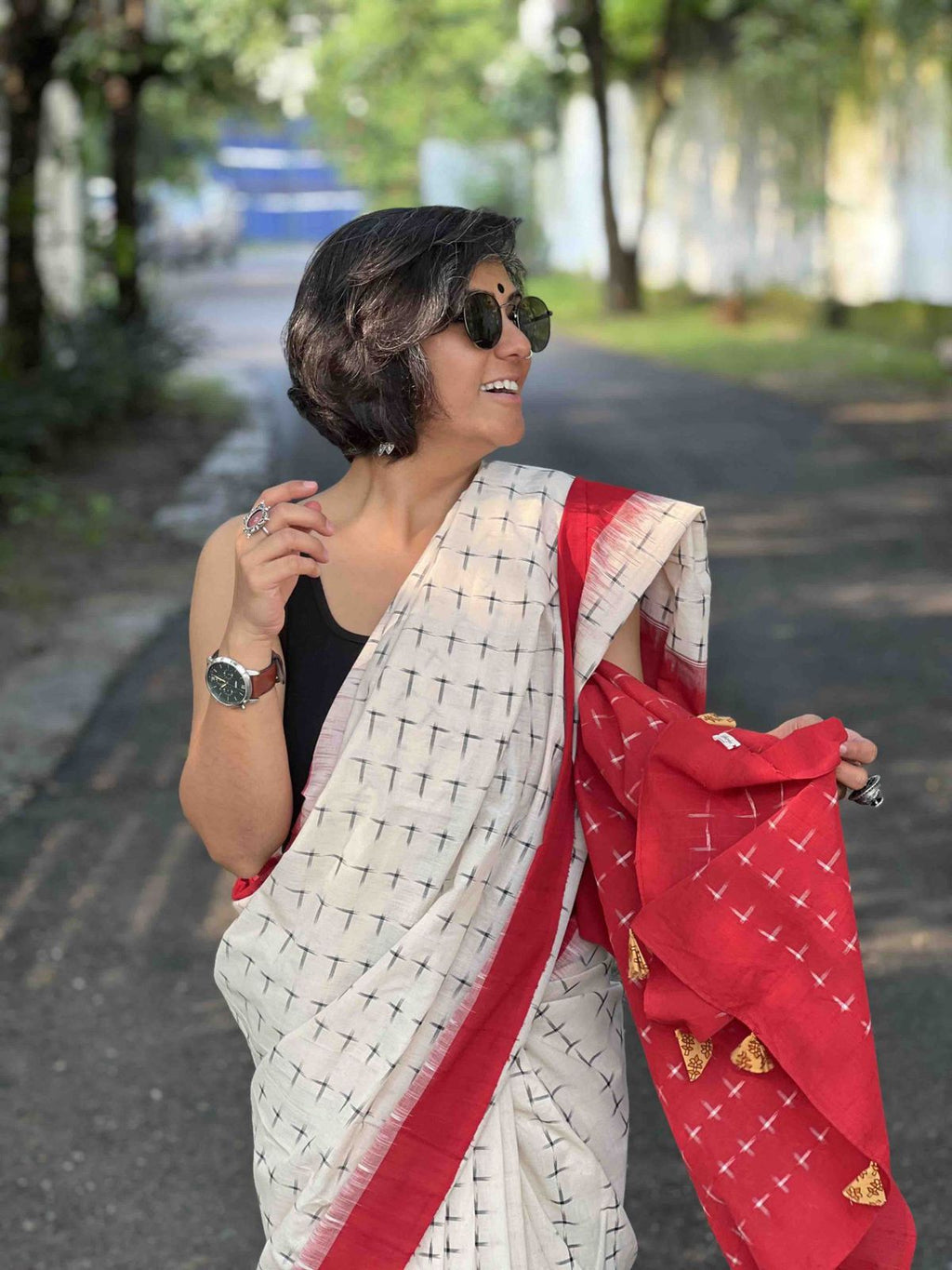 Symbolic Charm Linen Cotton Digital Printed Saree with Plus Symbol Motif, Matching Blouse & Zahlar Tussle