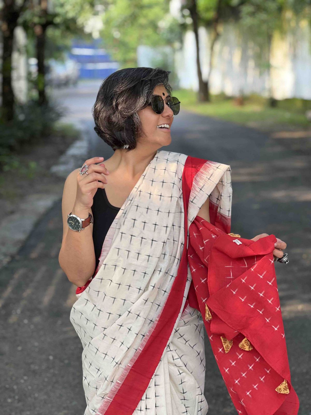 Symbolic Charm Linen Cotton Digital Printed Saree with Plus Symbol Motif, Matching Blouse & Zahlar Tussle