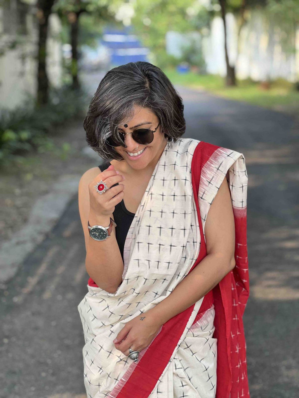 Symbolic Charm Linen Cotton Digital Printed Saree with Plus Symbol Motif, Matching Blouse & Zahlar Tussle