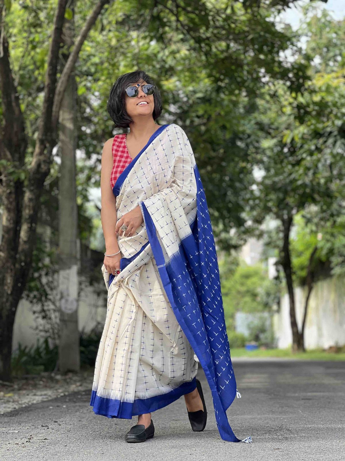 Symbolic Charm Linen Cotton Digital Printed Saree with Plus Symbol Motif, Matching Blouse & Zahlar Tussle
