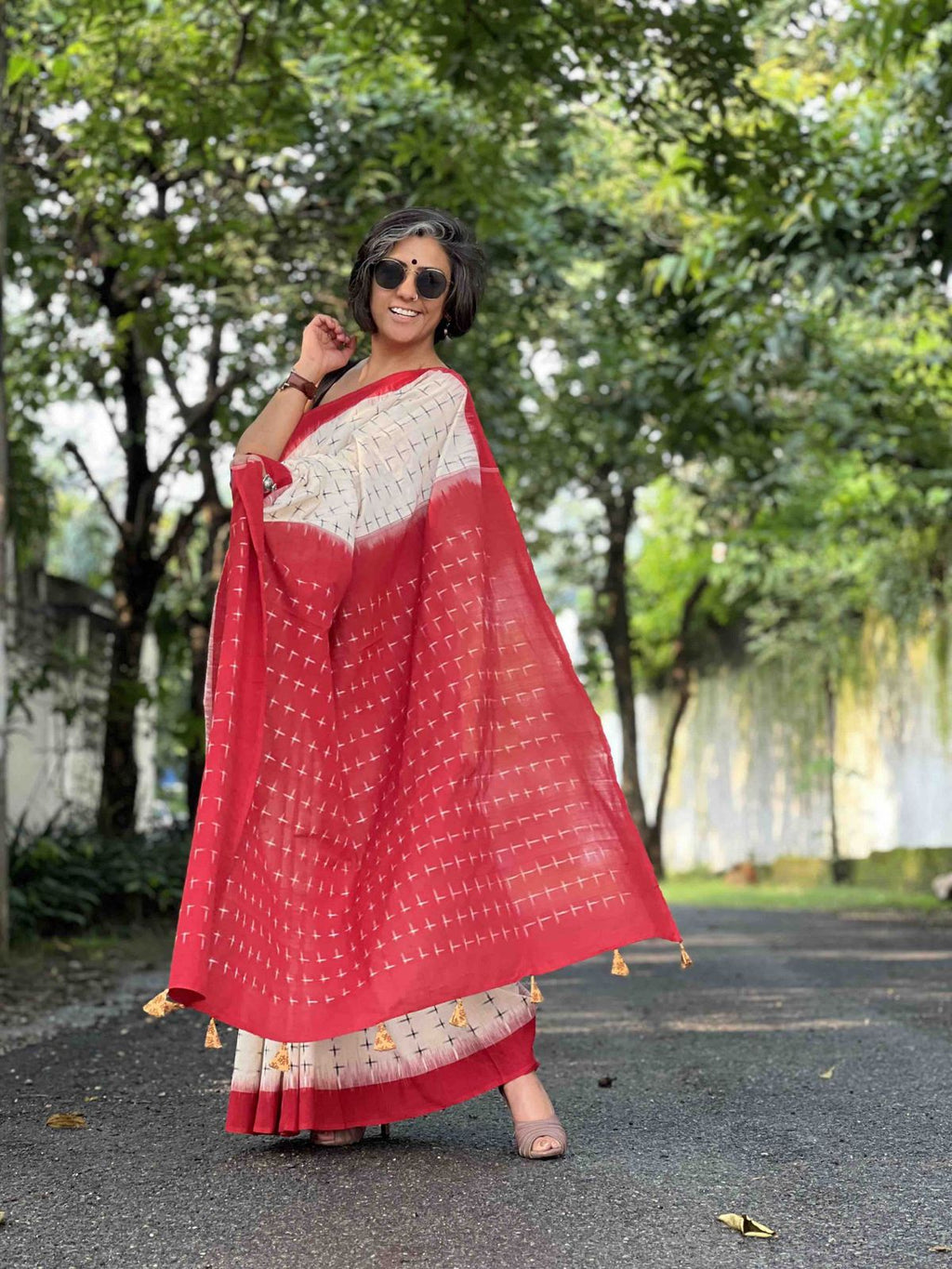 Symbolic Charm Linen Cotton Digital Printed Saree with Plus Symbol Motif, Matching Blouse & Zahlar Tussle