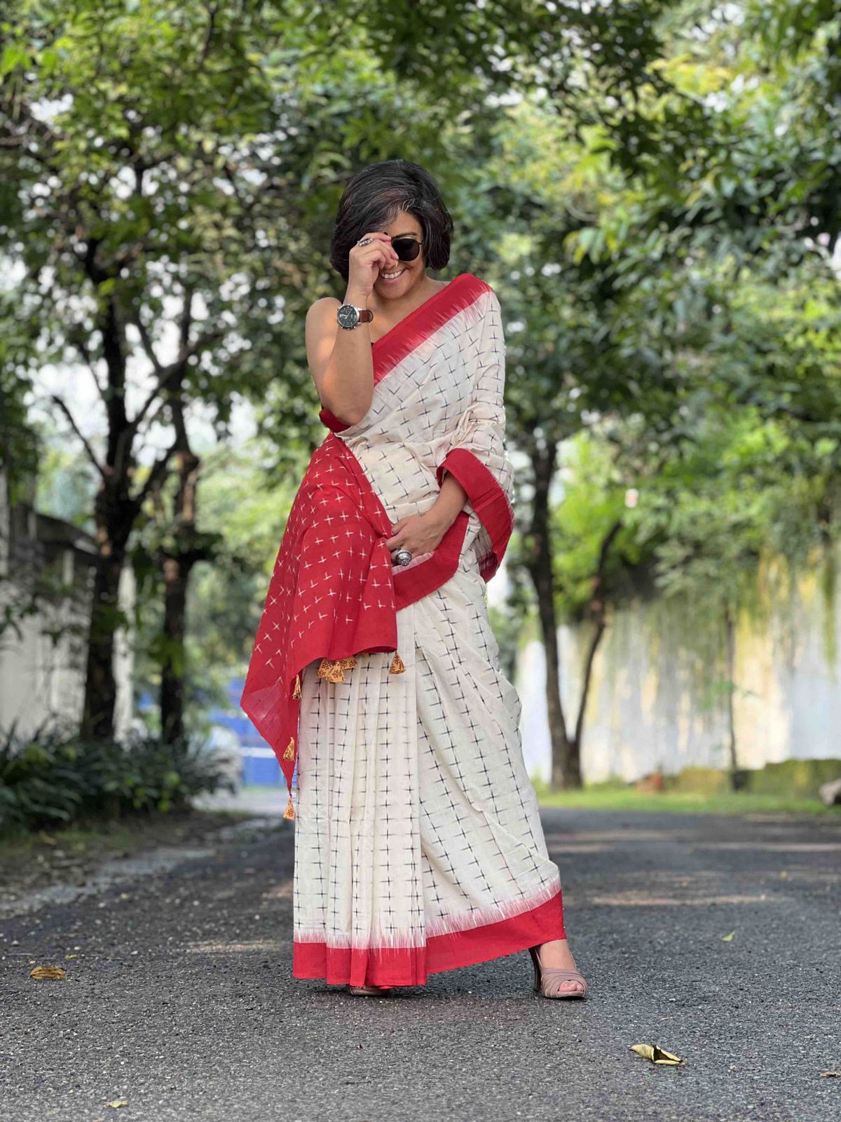Symbolic Charm Linen Cotton Digital Printed Saree with Plus Symbol Motif, Matching Blouse & Zahlar Tussle