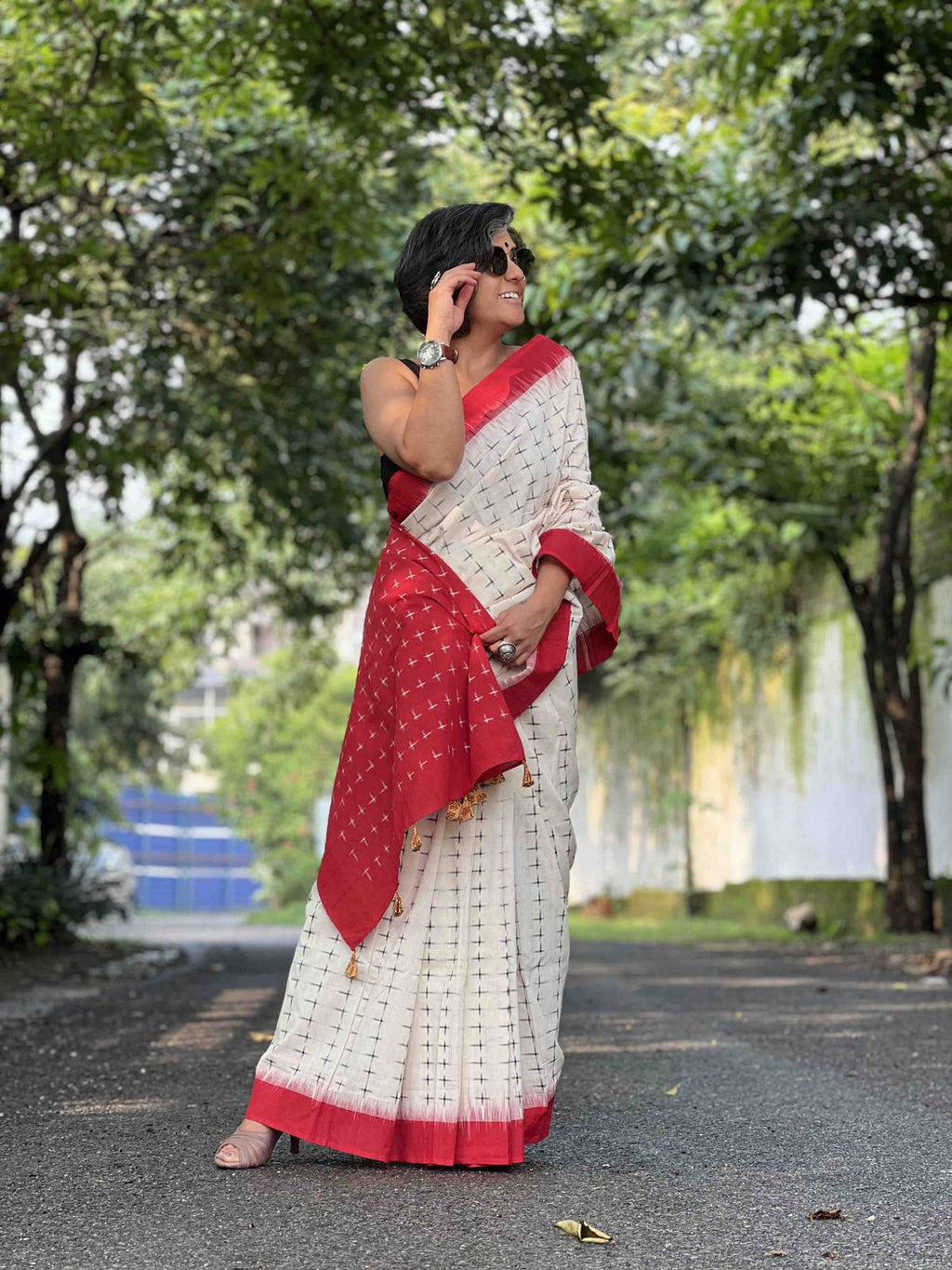 Symbolic Charm Linen Cotton Digital Printed Saree with Plus Symbol Motif, Matching Blouse & Zahlar Tussle