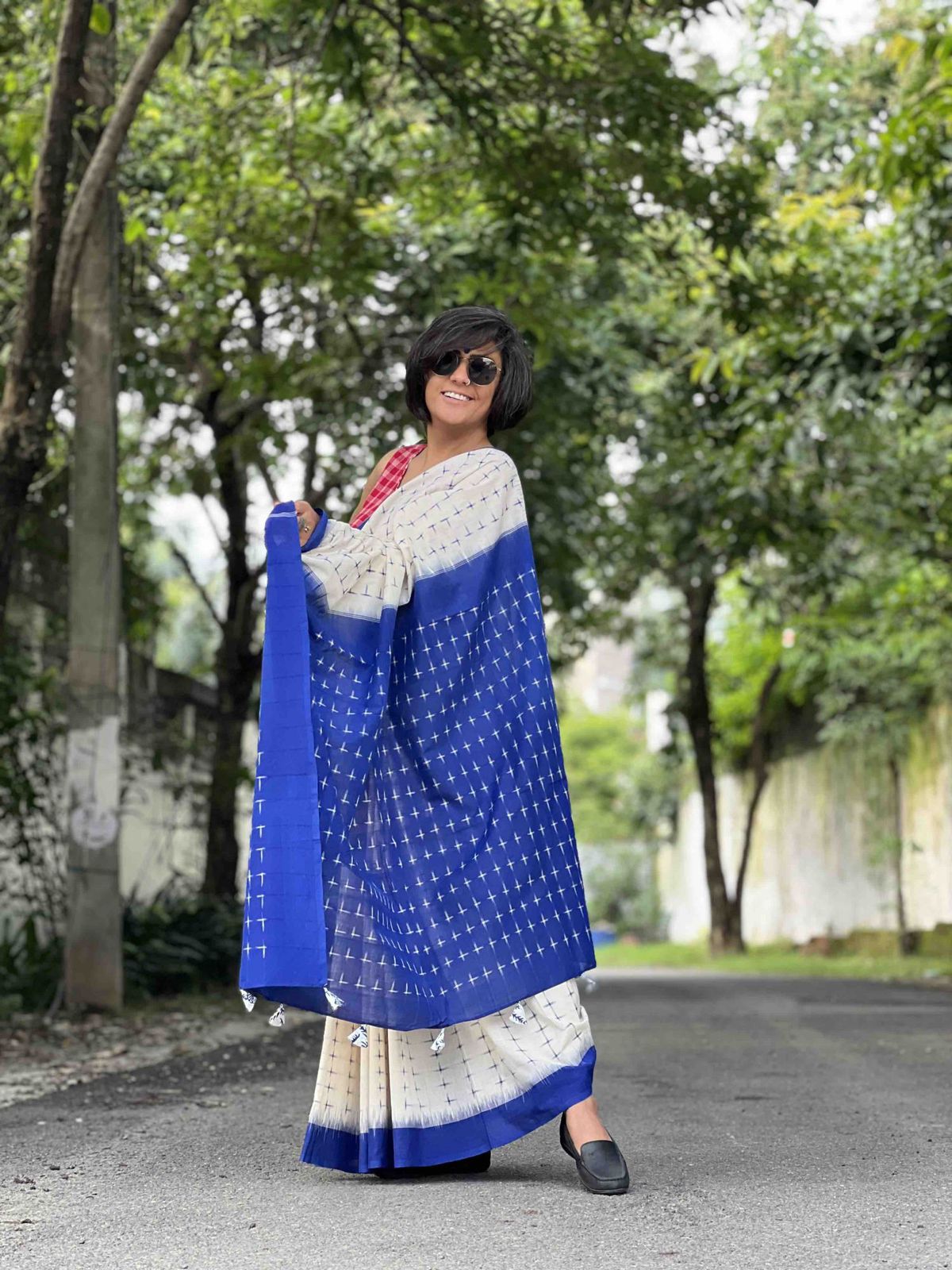 Symbolic Charm Linen Cotton Digital Printed Saree with Plus Symbol Motif, Matching Blouse & Zahlar Tussle