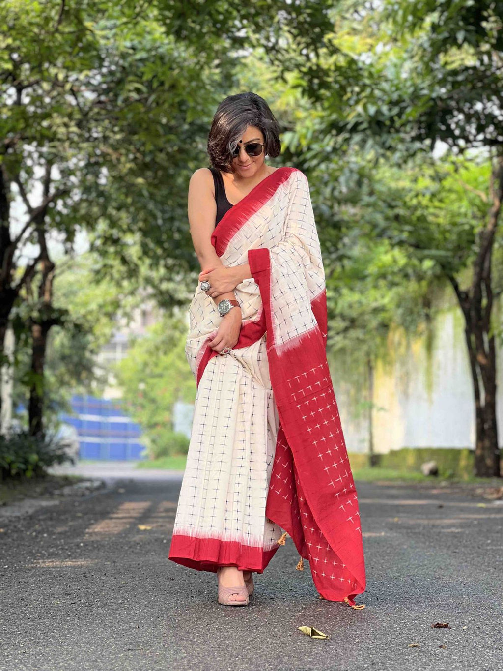 Symbolic Charm Linen Cotton Digital Printed Saree with Plus Symbol Motif, Matching Blouse & Zahlar Tussle