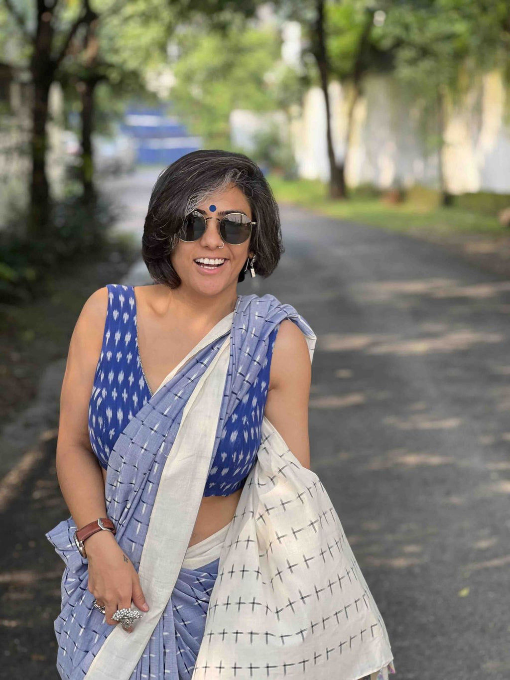 Symbolic Charm Linen Cotton Digital Printed Saree with Plus Symbol Motif, Matching Blouse & Zahlar Tussle