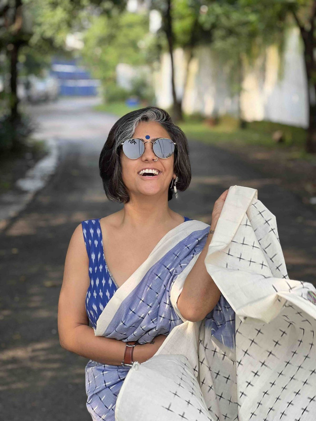 Symbolic Charm Linen Cotton Digital Printed Saree with Plus Symbol Motif, Matching Blouse & Zahlar Tussle