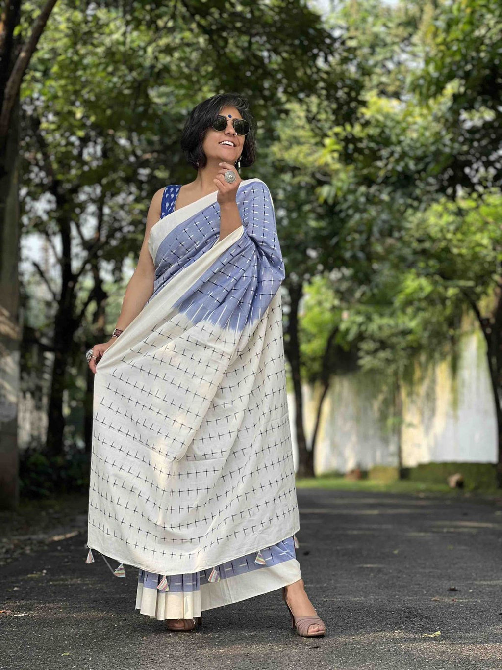 Symbolic Charm Linen Cotton Digital Printed Saree with Plus Symbol Motif, Matching Blouse & Zahlar Tussle
