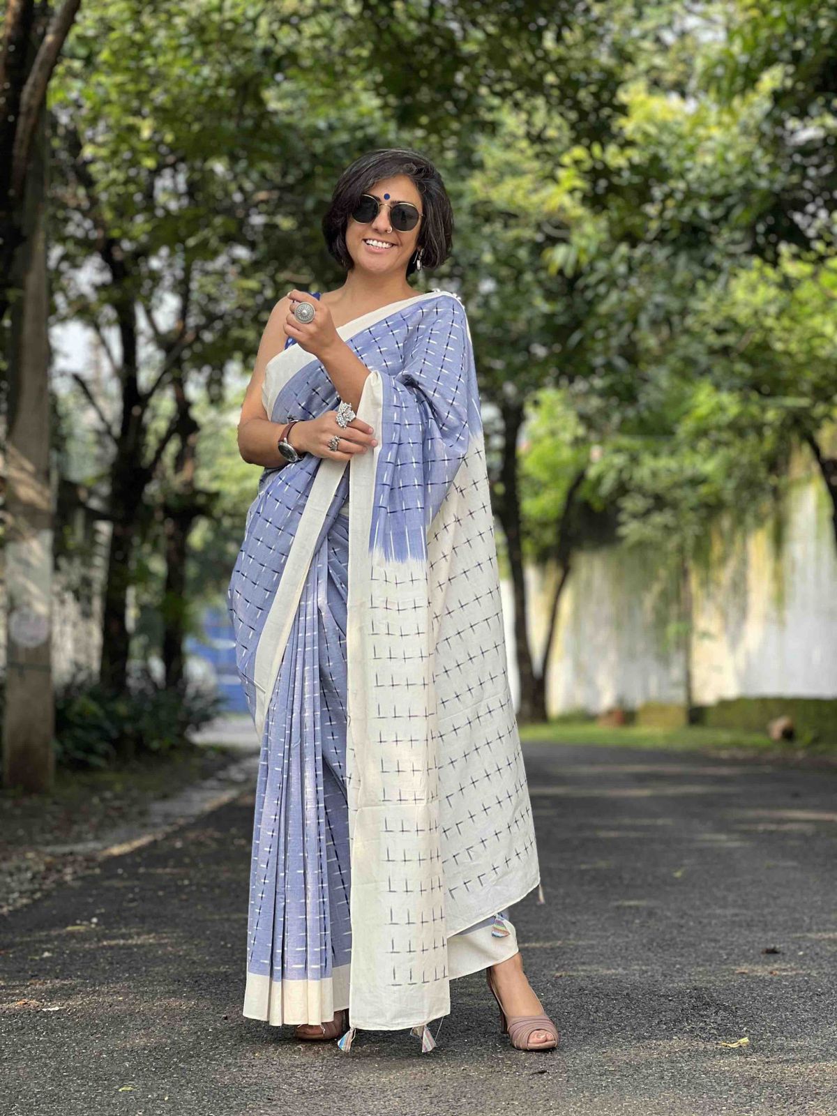 Symbolic Charm Linen Cotton Digital Printed Saree with Plus Symbol Motif, Matching Blouse & Zahlar Tussle
