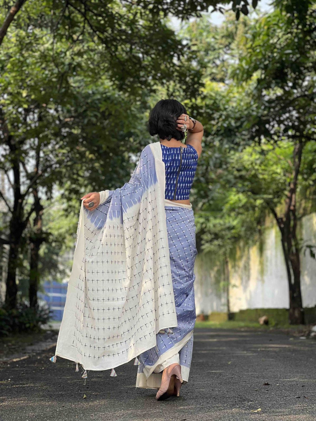 Symbolic Charm Linen Cotton Digital Printed Saree with Plus Symbol Motif, Matching Blouse & Zahlar Tussle