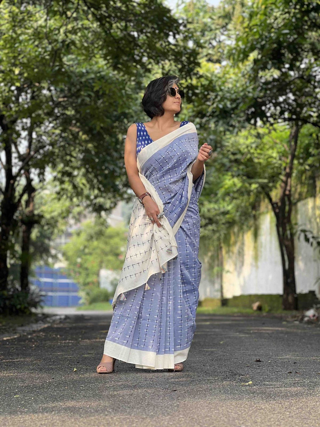 Symbolic Charm Linen Cotton Digital Printed Saree with Plus Symbol Motif, Matching Blouse & Zahlar Tussle