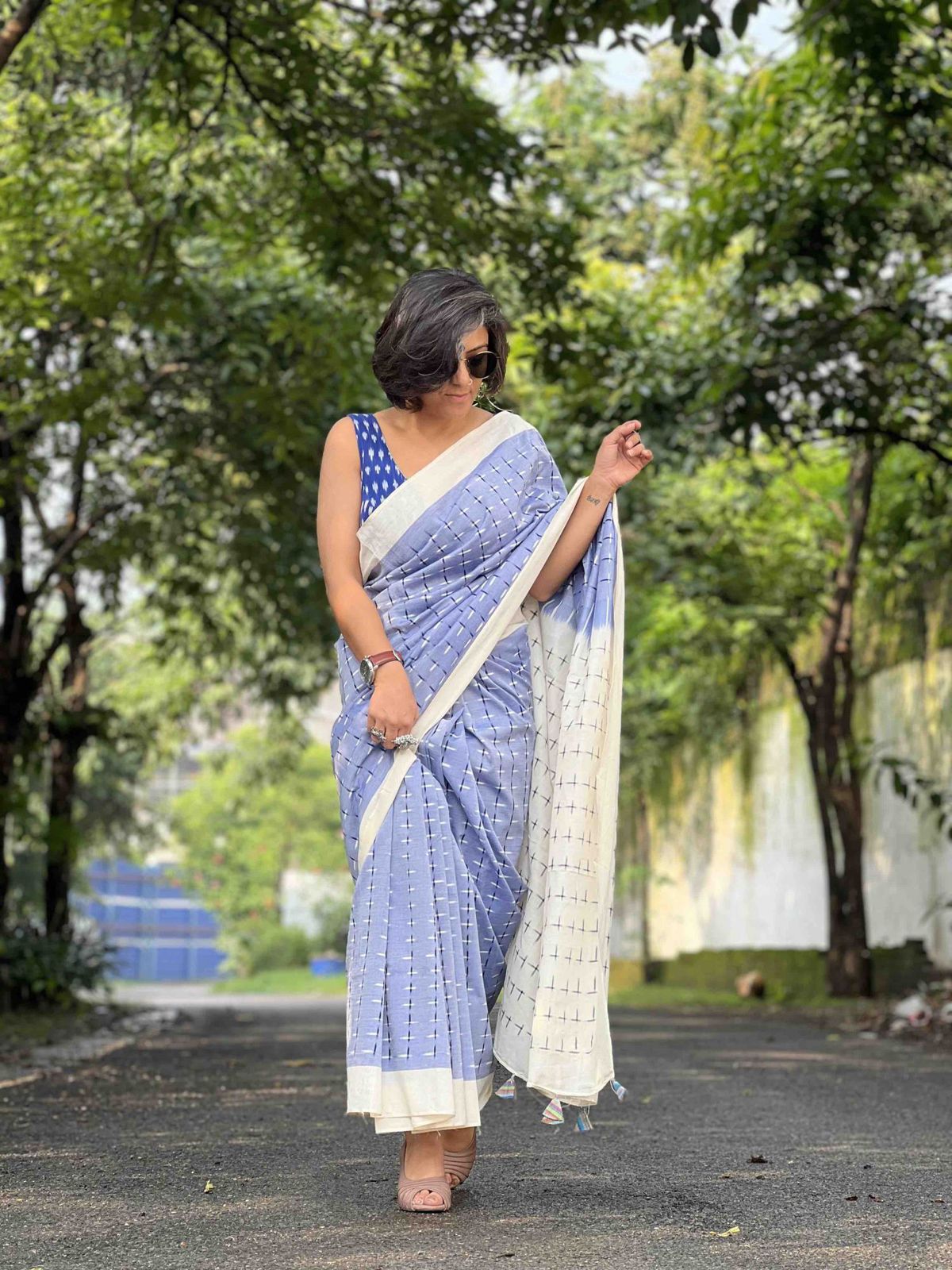 Symbolic Charm Linen Cotton Digital Printed Saree with Plus Symbol Motif, Matching Blouse & Zahlar Tussle