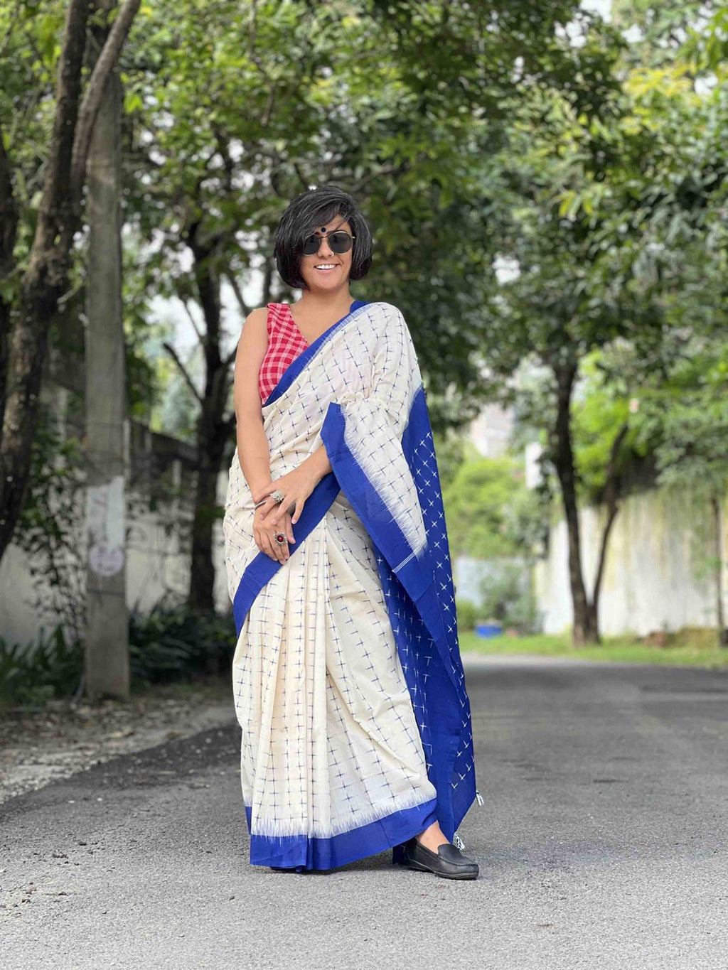 Symbolic Charm Linen Cotton Digital Printed Saree with Plus Symbol Motif, Matching Blouse & Zahlar Tussle
