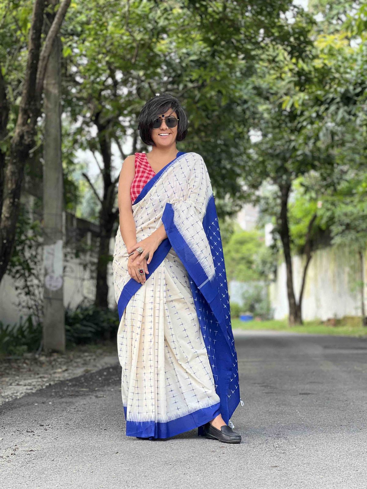 Symbolic Charm Linen Cotton Digital Printed Saree with Plus Symbol Motif, Matching Blouse & Zahlar Tussle