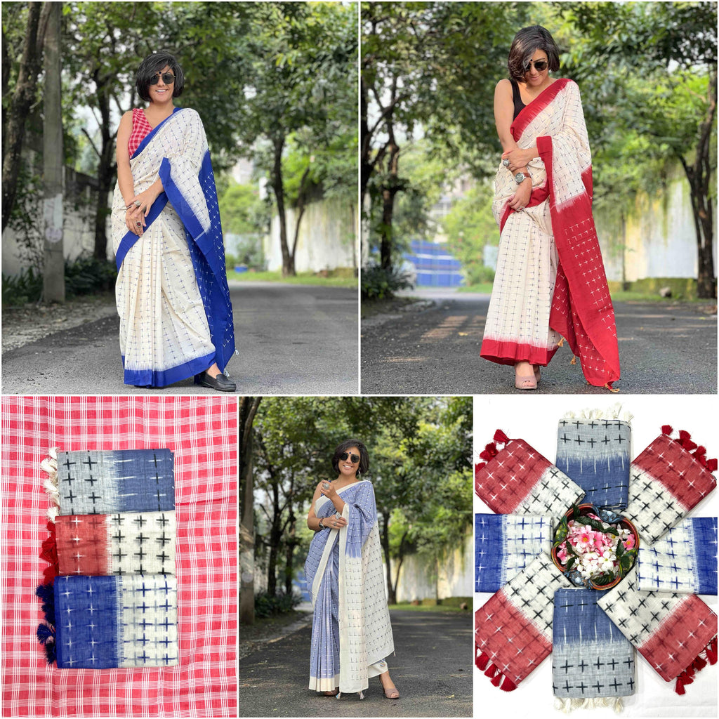 Symbolic Charm Linen Cotton Digital Printed Saree with Plus Symbol Motif, Matching Blouse & Zahlar Tussle