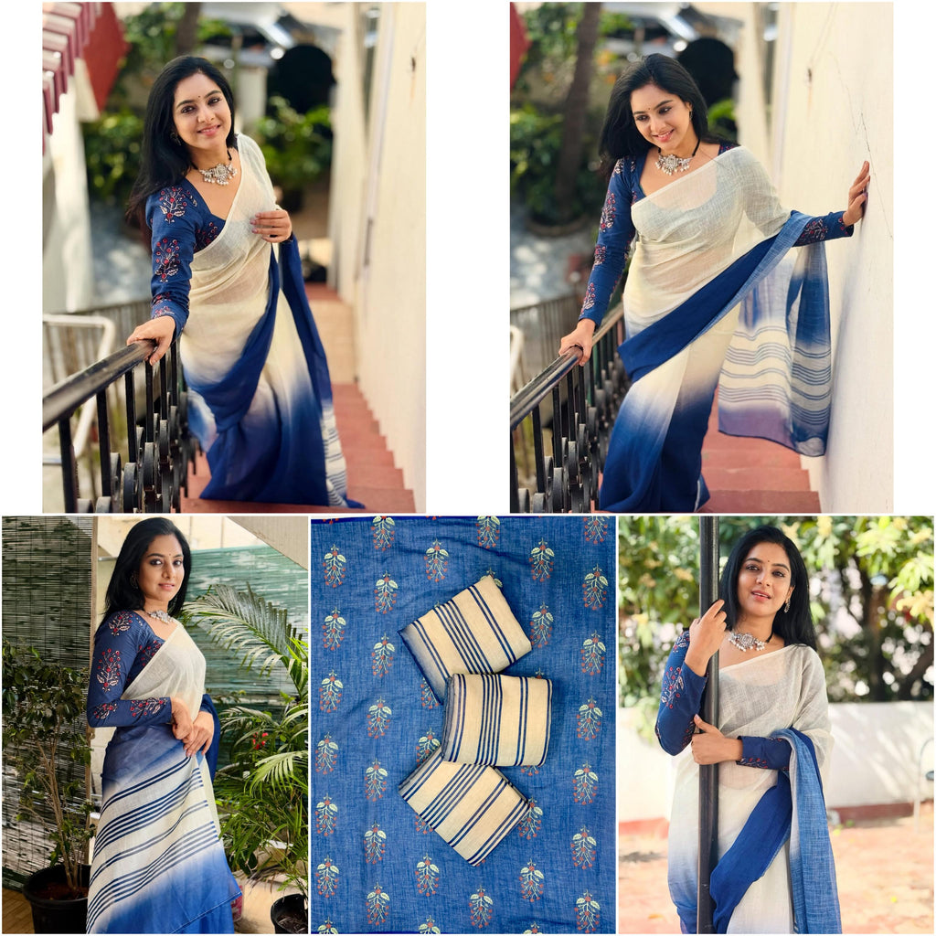 Shedding Bloom Elegant Linen Cotton Digital Printed Saree with Butta Print Blouse