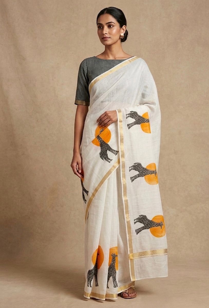 Golden Giraffe Elegance Linen Cotton Saree with Gold Zari Weaving Patti & Artistic Giraffe Digital Print
