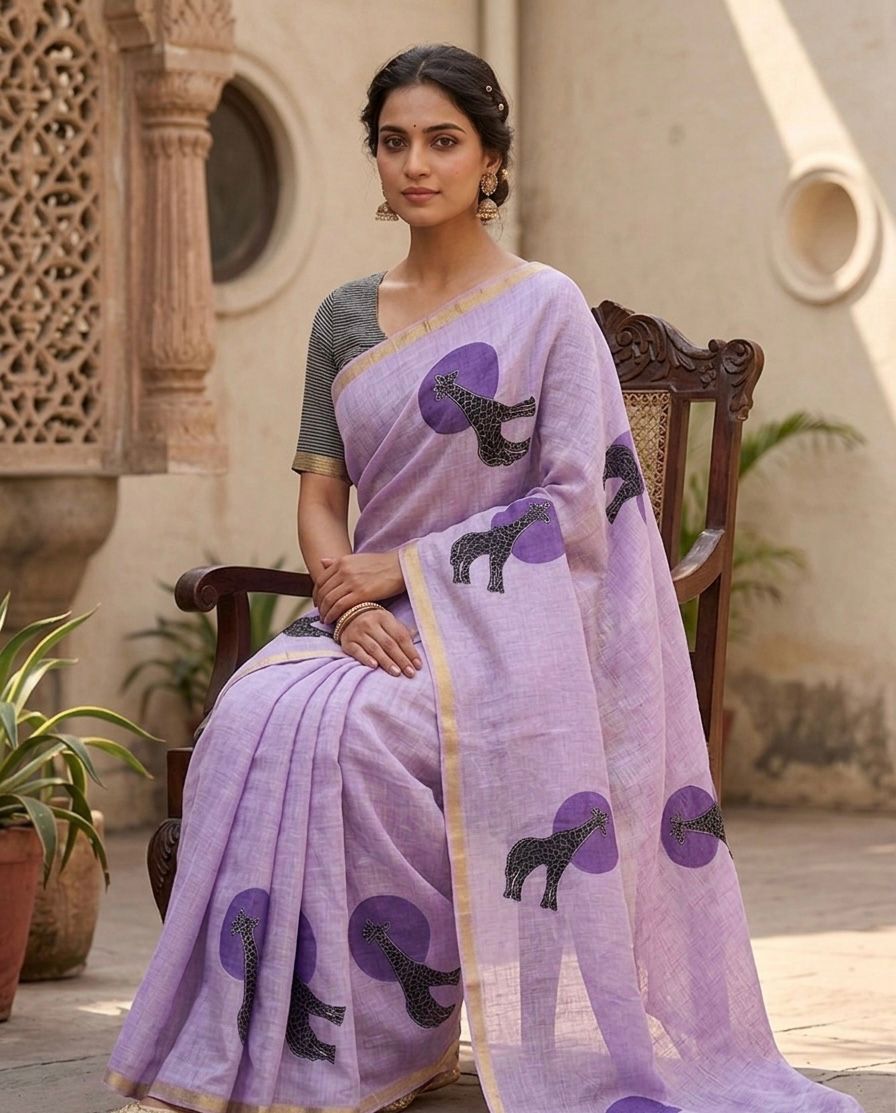 Golden Giraffe Elegance Linen Cotton Saree with Gold Zari Weaving Patti & Artistic Giraffe Digital Print