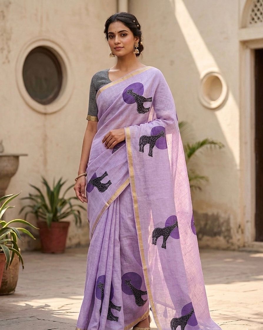 Golden Giraffe Elegance Linen Cotton Saree with Gold Zari Weaving Patti & Artistic Giraffe Digital Print