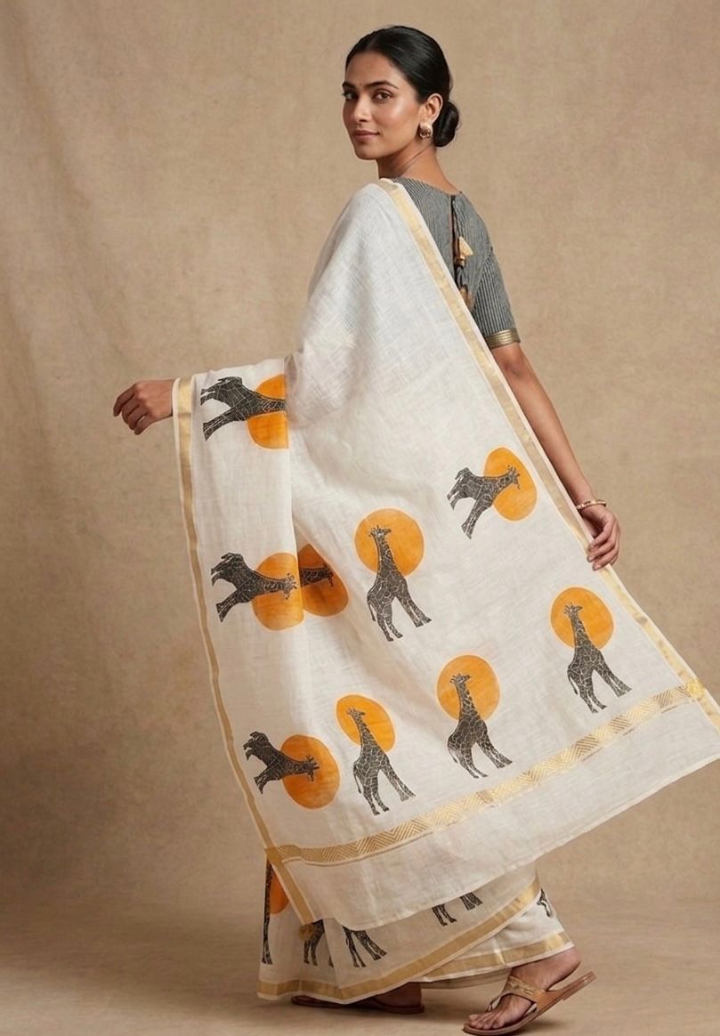 Golden Giraffe Elegance Linen Cotton Saree with Gold Zari Weaving Patti & Artistic Giraffe Digital Print