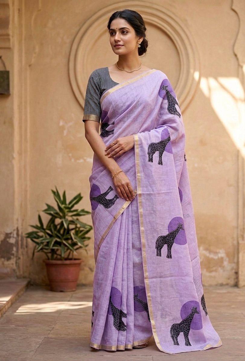 Golden Giraffe Elegance Linen Cotton Saree with Gold Zari Weaving Patti & Artistic Giraffe Digital Print