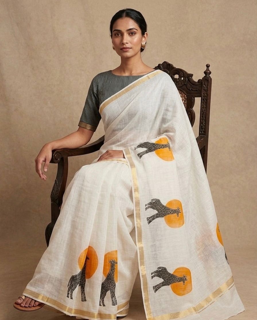 Golden Giraffe Elegance Linen Cotton Saree with Gold Zari Weaving Patti & Artistic Giraffe Digital Print