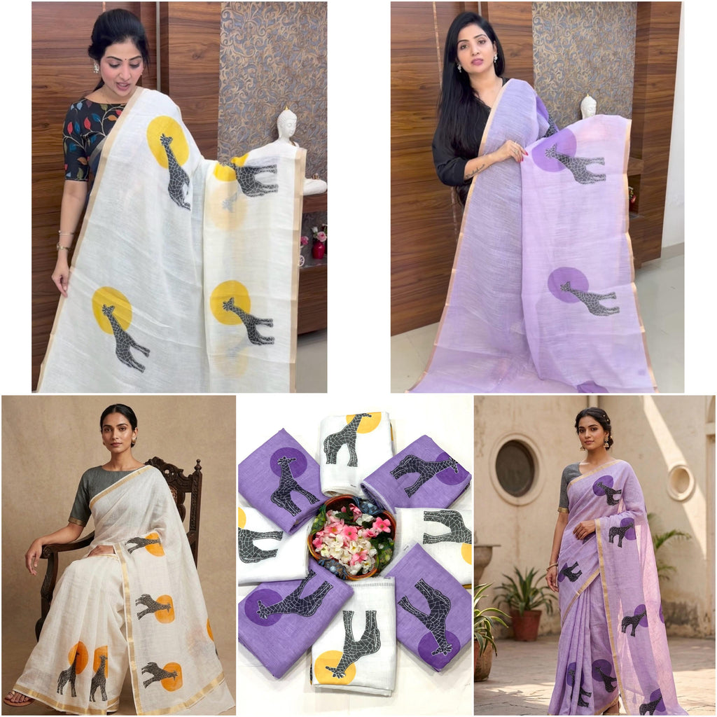 Golden Giraffe Elegance Linen Cotton Saree with Gold Zari Weaving Patti & Artistic Giraffe Digital Print