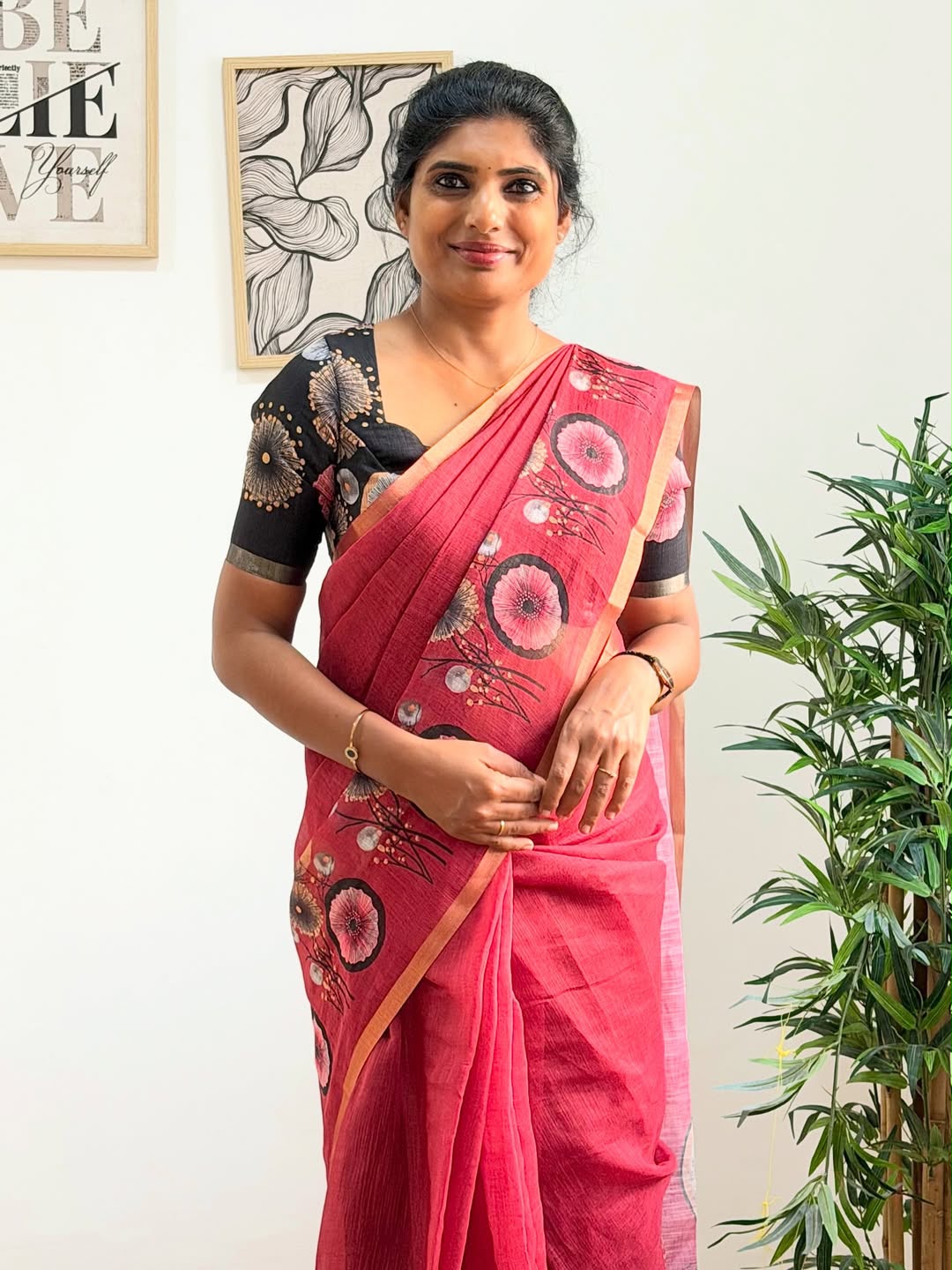 Golden Bloom Royale Linen Cotton Saree with Gold Zari Weaving Patti & Elegant Digital Print