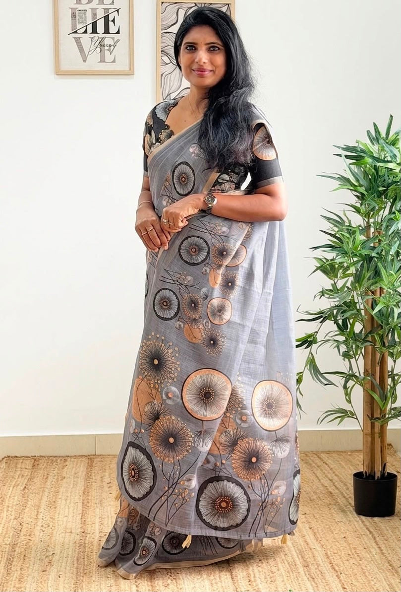 Golden Bloom Royale Linen Cotton Saree with Gold Zari Weaving Patti & Elegant Digital Print