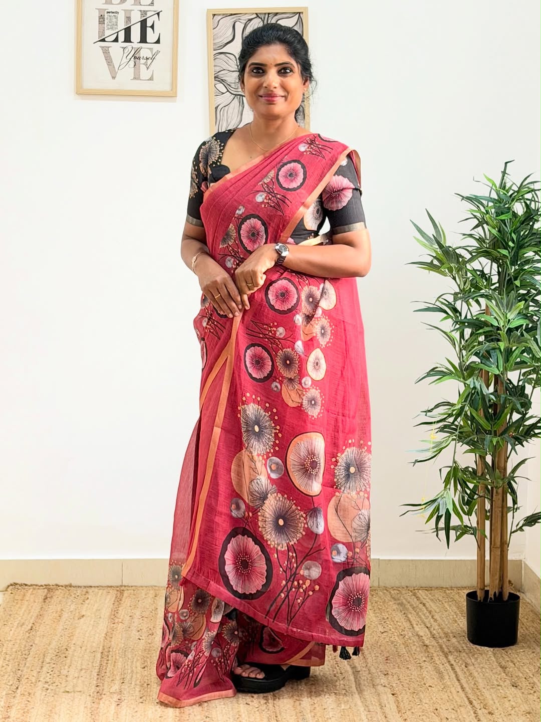 Golden Bloom Royale Linen Cotton Saree with Gold Zari Weaving Patti & Elegant Digital Print
