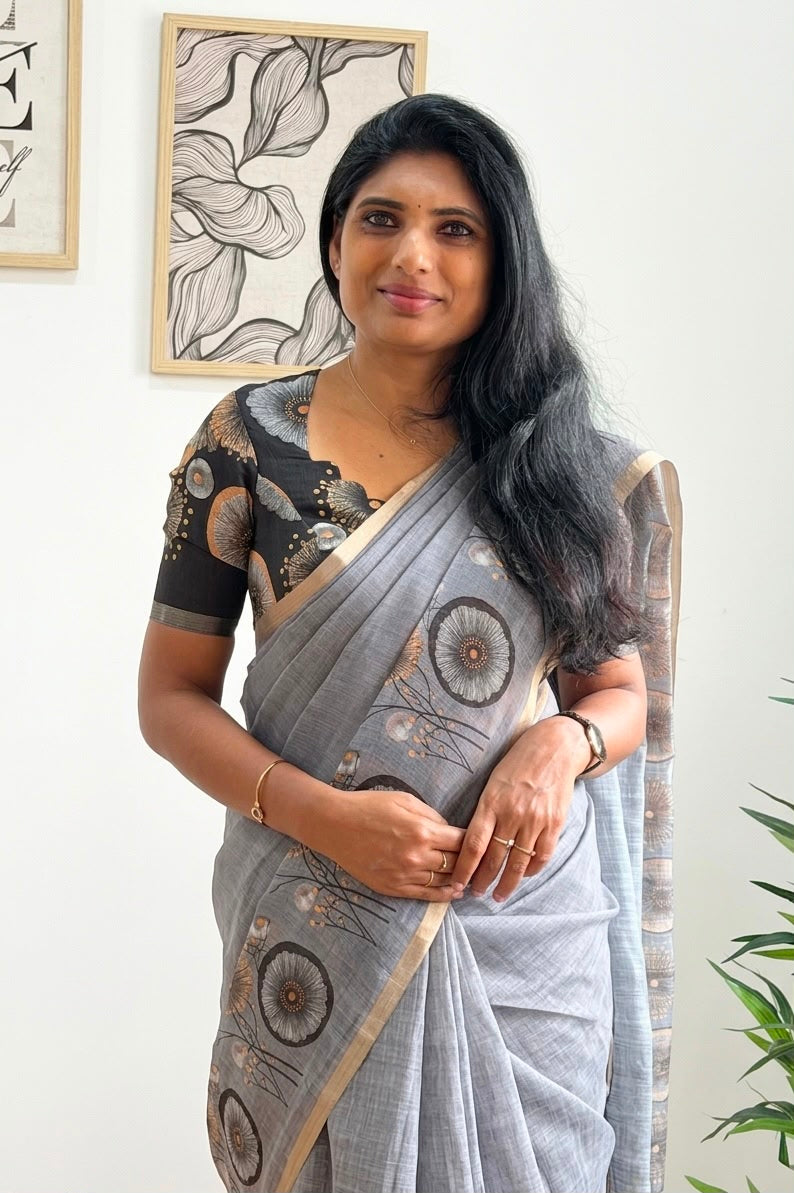 Golden Bloom Royale Linen Cotton Saree with Gold Zari Weaving Patti & Elegant Digital Print