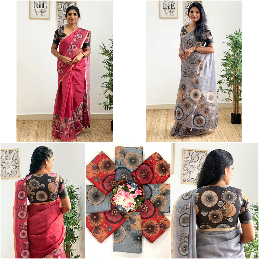 Golden Bloom Royale Linen Cotton Saree with Gold Zari Weaving Patti & Elegant Digital Print