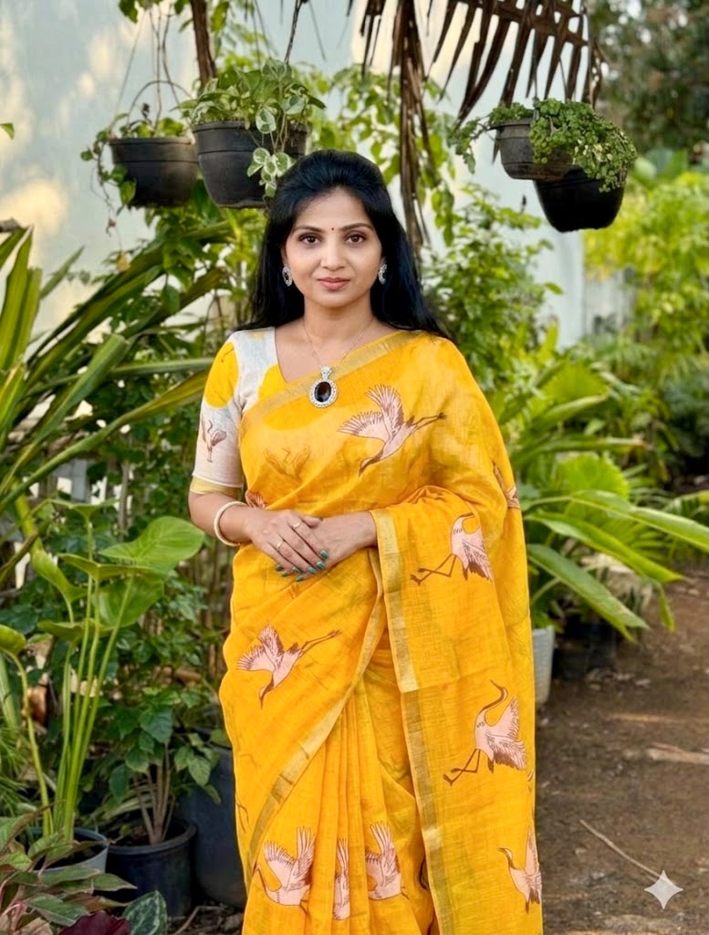 Golden Crane Elegance Linen Cotton Saree with Gold Zari Weaving Patti & Crane Digital Print